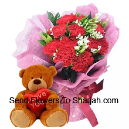 <b>Product Description</b><br><br>Bunch Of 12 Red Carnations With Seasonal Fillers Along With A Cute 12 Inches Tall Brown Teddy Bear<br><br><b>Delivery Information</b><br><br>* The design and packaging of the product can always vary and is subject to the availability of flowers and other products available at the time of delivery.<br><br>* The "Time selected is treated as a preference/request and is not a fixed time for delivery". We only guarantee delivery on a "Specified Date" and not within a specified "Time Frame".