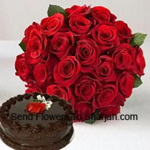 <b>Product Description</b><br><br>Bunch Of 24 Red Roses With Seasonal Fillers Along With 1 Lb. (1/2 Kg) Chocolate Truffle Cake<br><br><b>Delivery Information</b><br><br>* The design and packaging of the product can always vary and is subject to the availability of flowers and other products available at the time of delivery.<br><br>* The "Time selected is treated as a preference/request and is not a fixed time for delivery". We only guarantee delivery on a "Specified Date" and not within a specified "Time Frame".