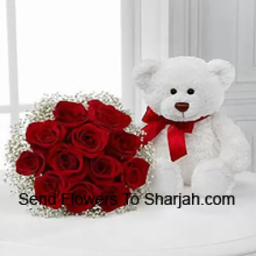 <b>Product Description</b><br><br>Bunch Of 12 Red Roses With Seasonal Fillers Along With A Cute 14 Inches Tall White Teddy Bear<br><br><b>Delivery Information</b><br><br>* The design and packaging of the product can always vary and is subject to the availability of flowers and other products available at the time of delivery.<br><br>* The "Time selected is treated as a preference/request and is not a fixed time for delivery". We only guarantee delivery on a "Specified Date" and not within a specified "Time Frame".