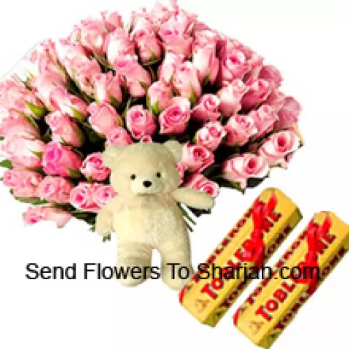<b>Product Description</b><br><br>Bunch Of 75 Pink Roses With Seasonal Fillers, A Cute Teddy Bear And Toblerone Chocolate Bars<br><br><b>Delivery Information</b><br><br>* The design and packaging of the product can always vary and is subject to the availability of flowers and other products available at the time of delivery.<br><br>* The "Time selected is treated as a preference/request and is not a fixed time for delivery". We only guarantee delivery on a "Specified Date" and not within a specified "Time Frame".