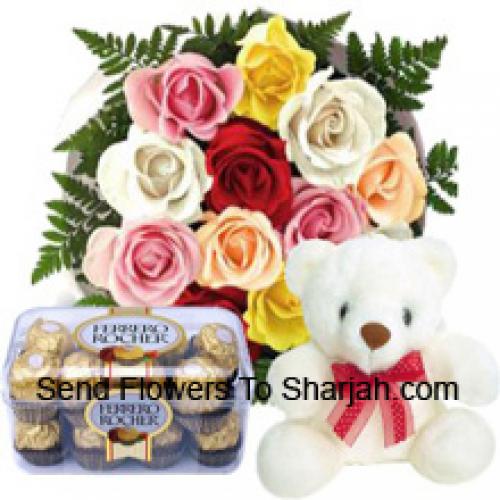 12 Roses Mixtes avec un Mignon Teddy et des Chocolats