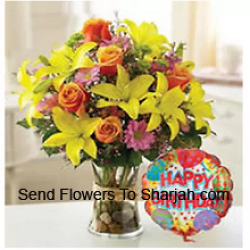 <b>Product Description</b><br><br>Yellow Tulips, Orange Roses And Other Assorted Flowers Arranged Perfectly In A Glass Vase Accompanied With A Birthday Balloon<br><br><b>Delivery Information</b><br><br>* The design and packaging of the product can always vary and is subject to the availability of flowers and other products available at the time of delivery.<br><br>* The "Time selected is treated as a preference/request and is not a fixed time for delivery". We only guarantee delivery on a "Specified Date" and not within a specified "Time Frame".