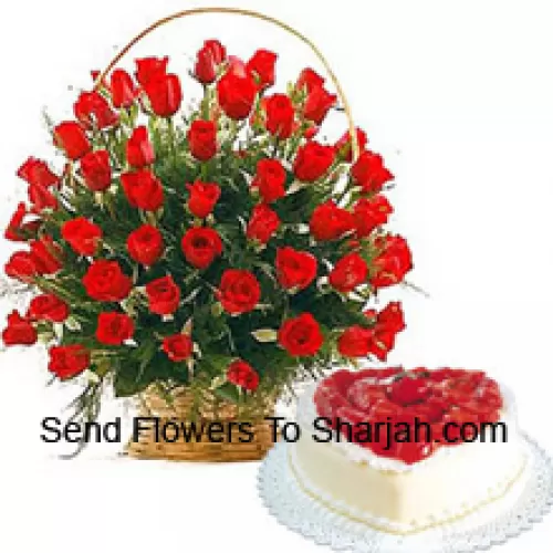 <b>Product Description</b><br><br>A Beautiful Basket Of 50 Red Roses With Seasonal Fillers And A 1 Kg Heart Shaped Vanilla Cake<br><br><b>Delivery Information</b><br><br>* The design and packaging of the product can always vary and is subject to the availability of flowers and other products available at the time of delivery.<br><br>* The "Time selected is treated as a preference/request and is not a fixed time for delivery". We only guarantee delivery on a "Specified Date" and not within a specified "Time Frame".