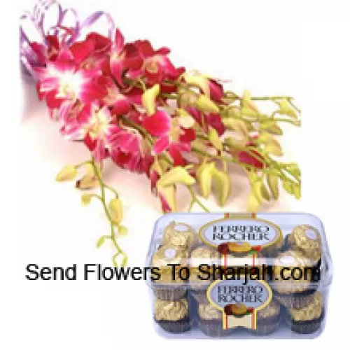 <b>Product Description</b><br><br>Bunch Of Pink Orchids With Seasonal Fillers Along With 16 Pcs Ferrero Rochers<br><br><b>Delivery Information</b><br><br>* The design and packaging of the product can always vary and is subject to the availability of flowers and other products available at the time of delivery.<br><br>* The "Time selected is treated as a preference/request and is not a fixed time for delivery". We only guarantee delivery on a "Specified Date" and not within a specified "Time Frame".