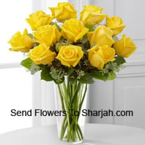 <b>Product Description</b><br><br>12 Yellow Roses With Some Ferns In A Glass Vase<br><br><b>Delivery Information</b><br><br>* The design and packaging of the product can always vary and is subject to the availability of flowers and other products available at the time of delivery.<br><br>* The "Time selected is treated as a preference/request and is not a fixed time for delivery". We only guarantee delivery on a "Specified Date" and not within a specified "Time Frame".