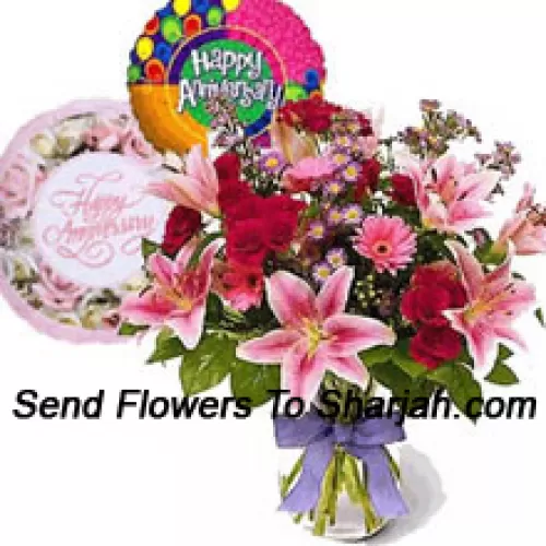 <b>Product Description</b><br><br>Assorted Flowers In A Vase, Anniversary Balloon And A 1/2 Kg (1 Lb) Strawberry Cake<br><br><b>Delivery Information</b><br><br>* The design and packaging of the product can always vary and is subject to the availability of flowers and other products available at the time of delivery.<br><br>* The "Time selected is treated as a preference/request and is not a fixed time for delivery". We only guarantee delivery on a "Specified Date" and not within a specified "Time Frame".