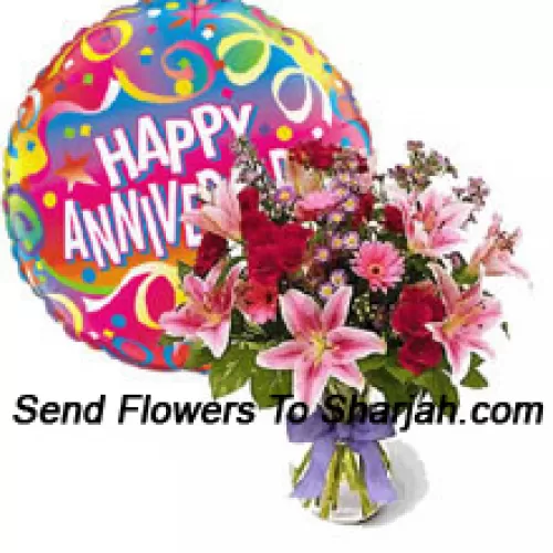 <b>Product Description</b><br><br>Assorted Flowers In A Vase Along With Anniversary Balloon<br><br><b>Delivery Information</b><br><br>* The design and packaging of the product can always vary and is subject to the availability of flowers and other products available at the time of delivery.<br><br>* The "Time selected is treated as a preference/request and is not a fixed time for delivery". We only guarantee delivery on a "Specified Date" and not within a specified "Time Frame".