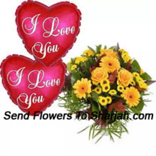 <b>Product Description</b><br><br>Bunch Of Assorted Flowers With Two I Love You Balloons<br><br><b>Delivery Information</b><br><br>* The design and packaging of the product can always vary and is subject to the availability of flowers and other products available at the time of delivery.<br><br>* The "Time selected is treated as a preference/request and is not a fixed time for delivery". We only guarantee delivery on a "Specified Date" and not within a specified "Time Frame".