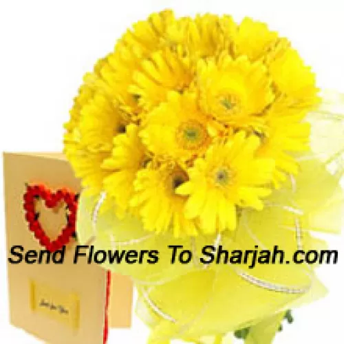 <b>Product Description</b><br><br>Bunch Of 18 Yellow Gerberas With A Free Love Greeting Card<br><br><b>Delivery Information</b><br><br>* The design and packaging of the product can always vary and is subject to the availability of flowers and other products available at the time of delivery.<br><br>* The "Time selected is treated as a preference/request and is not a fixed time for delivery". We only guarantee delivery on a "Specified Date" and not within a specified "Time Frame".