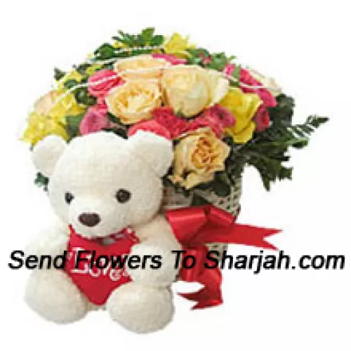 <b>Product Description</b><br><br>Basket Of 24 Mixed Colored Roses With A Medium Sized Cute Teddy Bear<br><br><b>Delivery Information</b><br><br>* The design and packaging of the product can always vary and is subject to the availability of flowers and other products available at the time of delivery.<br><br>* The "Time selected is treated as a preference/request and is not a fixed time for delivery". We only guarantee delivery on a "Specified Date" and not within a specified "Time Frame".