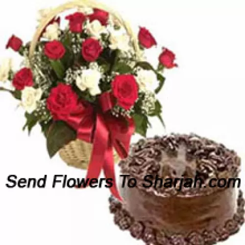 Basket Of 24 Mixed Colored Roses And A 1 Kg (2.2 Lbs) Chocolate Cake