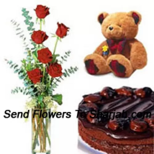 <b>Product Description</b><br><br>6 Red Roses In A Vase With 1/2 Kg (1.1 Lbs) Chocolate Cake and a Medium Sized Cute Teddy Bear<br><br><b>Delivery Information</b><br><br>* The design and packaging of the product can always vary and is subject to the availability of flowers and other products available at the time of delivery.<br><br>* The "Time selected is treated as a preference/request and is not a fixed time for delivery". We only guarantee delivery on a "Specified Date" and not within a specified "Time Frame".