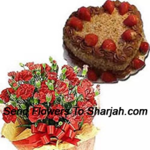 <b>Product Description</b><br><br>Bunch Of 24 Carnations Wtith Seasonal Fillers And A 1 Kg (2.2 Lbs) Heart Shaped Butter Scotch Cake<br><br><b>Delivery Information</b><br><br>* The design and packaging of the product can always vary and is subject to the availability of flowers and other products available at the time of delivery.<br><br>* The "Time selected is treated as a preference/request and is not a fixed time for delivery". We only guarantee delivery on a "Specified Date" and not within a specified "Time Frame".