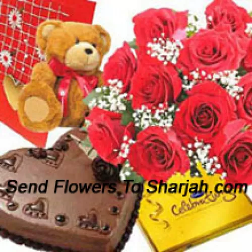 <b>Product Description</b><br><br>Bunch Of 12 Red Roses, Small Cute Teddy Bear, A Box Of Cadbury's Celebration Pack And 1 Kg Heart Shaped Chocolate Cake With A Free Greeting Card<br><br><b>Delivery Information</b><br><br>* The design and packaging of the product can always vary and is subject to the availability of flowers and other products available at the time of delivery.<br><br>* The "Time selected is treated as a preference/request and is not a fixed time for delivery". We only guarantee delivery on a "Specified Date" and not within a specified "Time Frame".