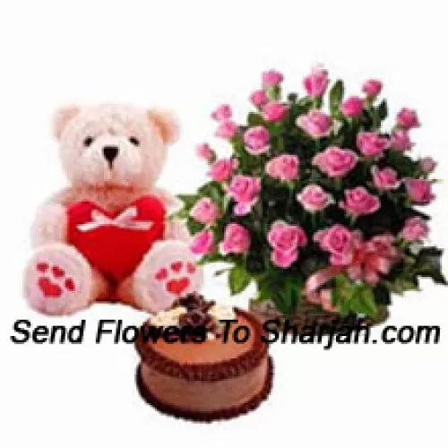 <b>Product Description</b><br><br>Basket Of 24 Pink Roses, 1.5 Feet Teddy Bear And 1 Kg Chocolate Truffle Cake<br><br><b>Delivery Information</b><br><br>* The design and packaging of the product can always vary and is subject to the availability of flowers and other products available at the time of delivery.<br><br>* The "Time selected is treated as a preference/request and is not a fixed time for delivery". We only guarantee delivery on a "Specified Date" and not within a specified "Time Frame".