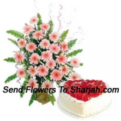 <b>Product Description</b><br><br>Basket Of 24 Pink Colored Gerberas Along With A 1 Kg Heart Shaped Vanilla Cake<br><br><b>Delivery Information</b><br><br>* The design and packaging of the product can always vary and is subject to the availability of flowers and other products available at the time of delivery.<br><br>* The "Time selected is treated as a preference/request and is not a fixed time for delivery". We only guarantee delivery on a "Specified Date" and not within a specified "Time Frame".