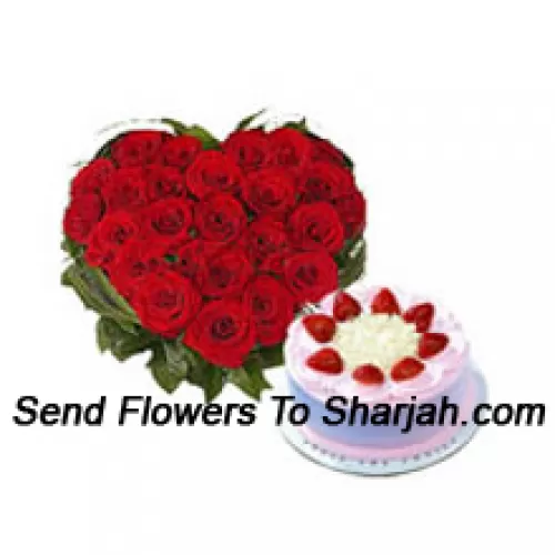<b>Product Description</b><br><br>Heart Shaped Arrangement Of 40 Red Roses Along With A 1/2 Kg Strawberry Cake<br><br><b>Delivery Information</b><br><br>* The design and packaging of the product can always vary and is subject to the availability of flowers and other products available at the time of delivery.<br><br>* The "Time selected is treated as a preference/request and is not a fixed time for delivery". We only guarantee delivery on a "Specified Date" and not within a specified "Time Frame".