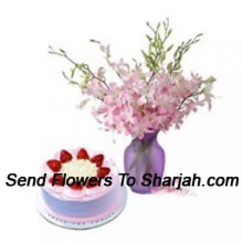 <b>Product Description</b><br><br>Fresh Orchids In A Vase Along With 1/2 Kg Strawberry Cake<br><br><b>Delivery Information</b><br><br>* The design and packaging of the product can always vary and is subject to the availability of flowers and other products available at the time of delivery.<br><br>* The "Time selected is treated as a preference/request and is not a fixed time for delivery". We only guarantee delivery on a "Specified Date" and not within a specified "Time Frame".