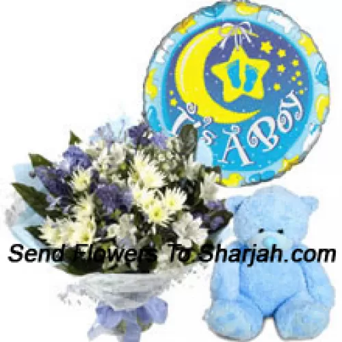 <b>Product Description</b><br><br>Bunch Of Assorted Flowers, A Cute Teddy Bear And A Baby Boy Balloon<br><br><b>Delivery Information</b><br><br>* The design and packaging of the product can always vary and is subject to the availability of flowers and other products available at the time of delivery.<br><br>* The "Time selected is treated as a preference/request and is not a fixed time for delivery". We only guarantee delivery on a "Specified Date" and not within a specified "Time Frame".
