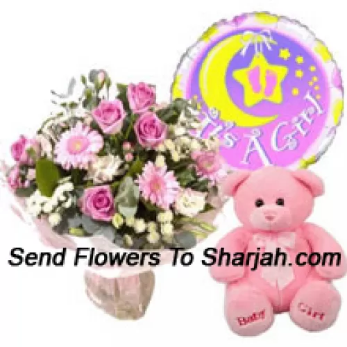 <b>Product Description</b><br><br>Bunch Of Assorted Pink Fowers, A Pink Teddy Bear And A Baby Girl Balloon<br><br><b>Delivery Information</b><br><br>* The design and packaging of the product can always vary and is subject to the availability of flowers and other products available at the time of delivery.<br><br>* The "Time selected is treated as a preference/request and is not a fixed time for delivery". We only guarantee delivery on a "Specified Date" and not within a specified "Time Frame".