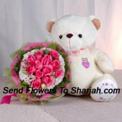 12 Pink Roses with Sweet Lovely Teddy