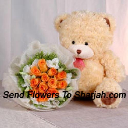 12 Orange Roses with Cute Teddy Bear