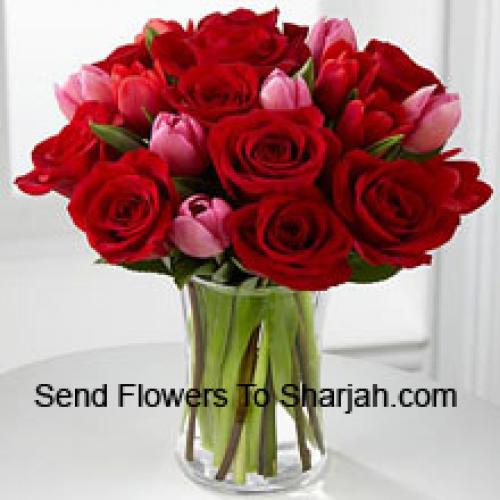 12 Roses and 6 Cute Tulips in Vase