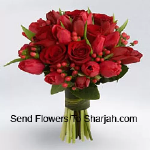 <b>Product Description</b><br><br>Bunch Of Red Roses And Red Tulips With Red Seasonal Fillers. This Is The Hottest Selling Product This Valetine Season<br><br><b>Delivery Information</b><br><br>* The design and packaging of the product can always vary and is subject to the availability of flowers and other products available at the time of delivery.<br><br>* The "Time selected is treated as a preference/request and is not a fixed time for delivery". We only guarantee delivery on a "Specified Date" and not within a specified "Time Frame".
