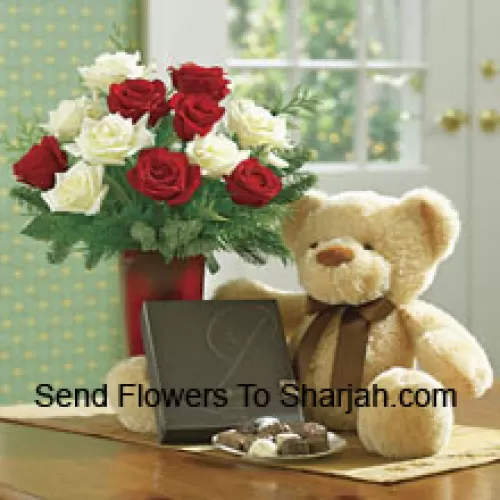 <b>Product Description</b><br><br>6 Red And 6 White Roses With Some Ferns In A Vase, A Cute Light Brown 10 Inches Teddy Bear And A Box Of Chocolates<br><br><b>Delivery Information</b><br><br>* The design and packaging of the product can always vary and is subject to the availability of flowers and other products available at the time of delivery.<br><br>* The "Time selected is treated as a preference/request and is not a fixed time for delivery". We only guarantee delivery on a "Specified Date" and not within a specified "Time Frame".