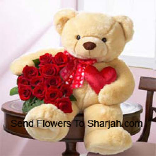 12 Schattige Rozen met 24 Inch Teddybeer