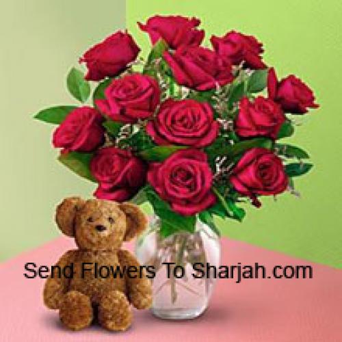 12 Roses en vase avec Teddy