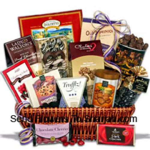 <b>Product Description</b><br><br>This gift basket arrives gorgeously packaged and piled high with the most delicious, award-winning chocolates you’ve ever tasted. Inside they'll find chocolate truffles, dark chocolate covered raisins, chocolate covered cherries, chocolate shortbread cookies, chocolate pecan crunch, a dark chocolate signature bar, chocolate dipped Bavarian pretzels, chocolate wafer squares, chocolate crunch shortbread cookies, dark chocolate butter wafers, chocolate almond butter crunch, chocolate covered toffee peanuts, and raspberry dark chocolate sticks. (Please Note That We Reserve The Right To Substitute Any Product With A Suitable Product Of Equal Value In Case Of Non-Availability Of A Certain Product)<br><br><b>Delivery Information</b><br><br>* The design and packaging of the product can always vary and is subject to the availability of flowers and other products available at the time of delivery.<br><br>* The "Time selected is treated as a preference/request and is not a fixed time for delivery". We only guarantee delivery on a "Specified Date" and not within a specified "Time Frame".