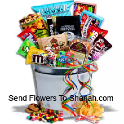 <b>Product Description</b><br><br>The ultimate junk food gift basket, inside there is a massive collection of snacks including caramelized almonds and popcorn, pretzels, chocolate chip cookies, kettle chips, trail mix, chocolate caramel bites, along with classics like Twizzlers, Tootsie Rolls, Blo Pops, Jelly Beans, Skittles, Smarties, and Nerds etc!  (Please Note That We Reserve The Right To Substitute Any Product With A Suitable Product Of Equal Value In Case Of Non-Availability Of A Certain Product)<br><br><b>Delivery Information</b><br><br>* The design and packaging of the product can always vary and is subject to the availability of flowers and other products available at the time of delivery.<br><br>* The "Time selected is treated as a preference/request and is not a fixed time for delivery". We only guarantee delivery on a "Specified Date" and not within a specified "Time Frame".