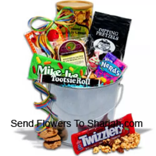 <b>Product Description</b><br><br>Inside are favorite confections for any sweet tooth including crunchy caramel almonds and popcorn, lightly salted pretzels, chocolate chip cookies, Mike & Ike, Tootsie Rolls, Nerds, Fruit Candies, Blo Pops, and everyone's favorite, Twizzlers! (Please Note That We Reserve The Right To Substitute Any Product With A Suitable Product Of Equal Value In Case Of Non-Availability Of A Certain Product)<br><br><b>Delivery Information</b><br><br>* The design and packaging of the product can always vary and is subject to the availability of flowers and other products available at the time of delivery.<br><br>* The "Time selected is treated as a preference/request and is not a fixed time for delivery". We only guarantee delivery on a "Specified Date" and not within a specified "Time Frame".