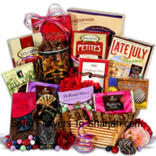 <b>Product Description</b><br><br>Valentine Gift Basket Having Chocolate Wafer Petites, Chocolate Almond Pecan-dy, English Toffee Singles, Gourmet Dark Chocolate Dipped Cookies, Chocolate Covered Cherries and Blueberries, Dark Chocolate Raspberry Truffle Filled Bar, Holland Mints, Organic Dark Chocolate Sandwich Cookies, Dark Chocolate Covered Raisins, Chocolate Dipped Toffee Peanuts, Chocolate Wafer Rolls, Triple Nut Milk Chocolate Bar, Almond Roca Buttercrunch, Dark Chocolate Raspberry Sticks  (Please Note That We Reserve The Right To Substitute Any Product With A Suitable Product Of Equal Value In Case Of Non-Availability Of A Certain Product)<br><br><b>Delivery Information</b><br><br>* The design and packaging of the product can always vary and is subject to the availability of flowers and other products available at the time of delivery.<br><br>* The "Time selected is treated as a preference/request and is not a fixed time for delivery". We only guarantee delivery on a "Specified Date" and not within a specified "Time Frame".