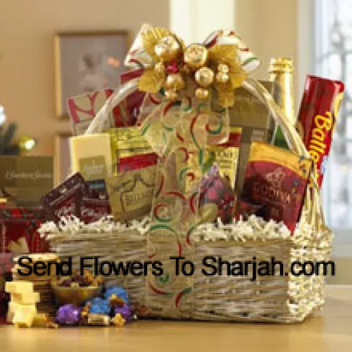 This gift basket shines for the EID  with a great selection of gourmet food for all. A shimmering basket holds Dutch Gouda Cheese Biscuits, Crantastic Snack Mix, Chocolate Cocoa, Scottish Shortbread Fingers, Roasted Peanuts, assorted Godiva Dark Chocolates, Smoky Cheddar, Fancy Water Crackers, Swedish Ballerina Cookies, Mints, Bellagio Caramella Coffee, Tea, and non-alcoholic Sparkling Apple Cider. It makes a nicely balanced selection of sweet and savory foods that are sure to please. (Please Note That We Reserve The Right To Substitute Any Product With A Suitable Product Of Equal Value In Case Of Non-Availability Of A Certain Product)